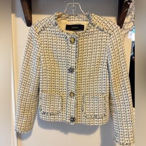 Zara Basics Cream Tweed Style Blazer jewel Flower Button Size XS
